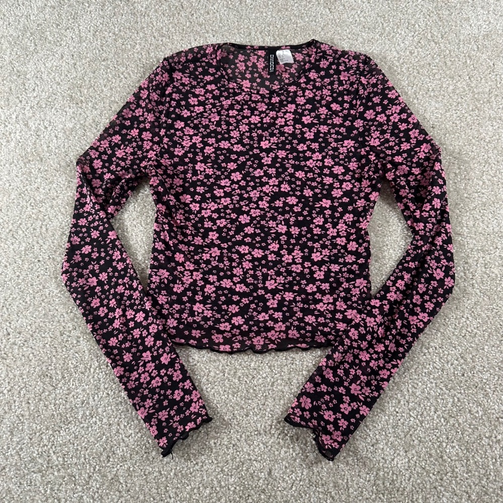 Grunge y2k Coquette H&M Divided Pink Floral Mesh Long Sleeve Top Black Sheer